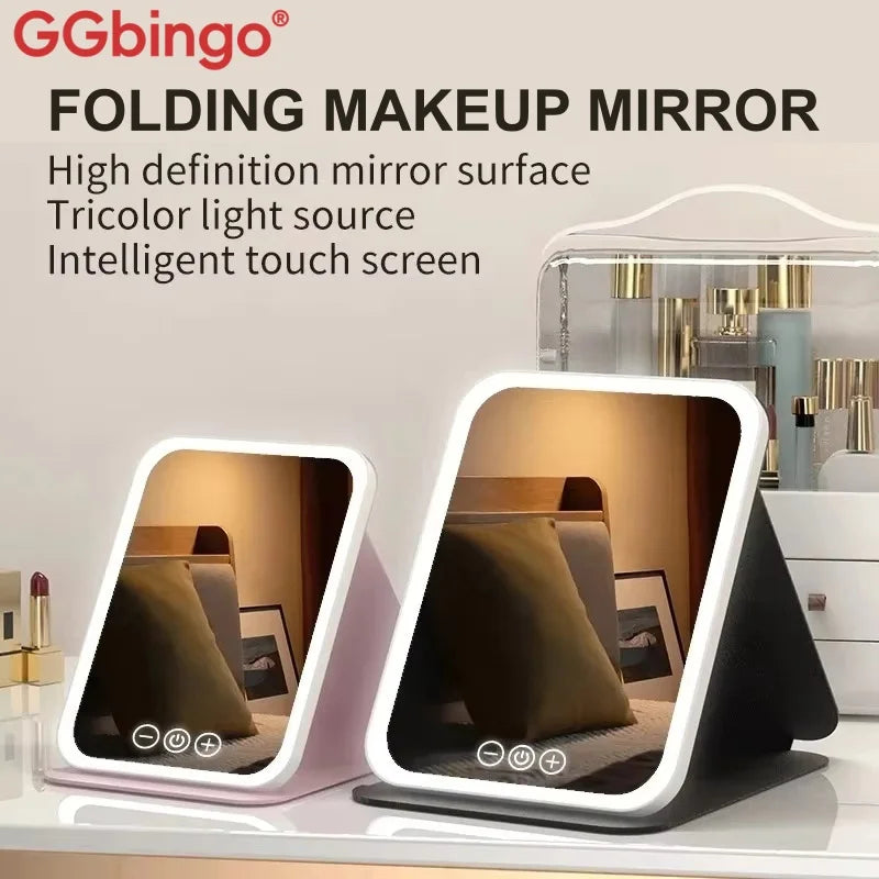 GGbingo USB Rechargeable Vanity Mirror with Touch 3 Color LED Lights Dimming Portable Folding Makeup Mirror for Home Travel