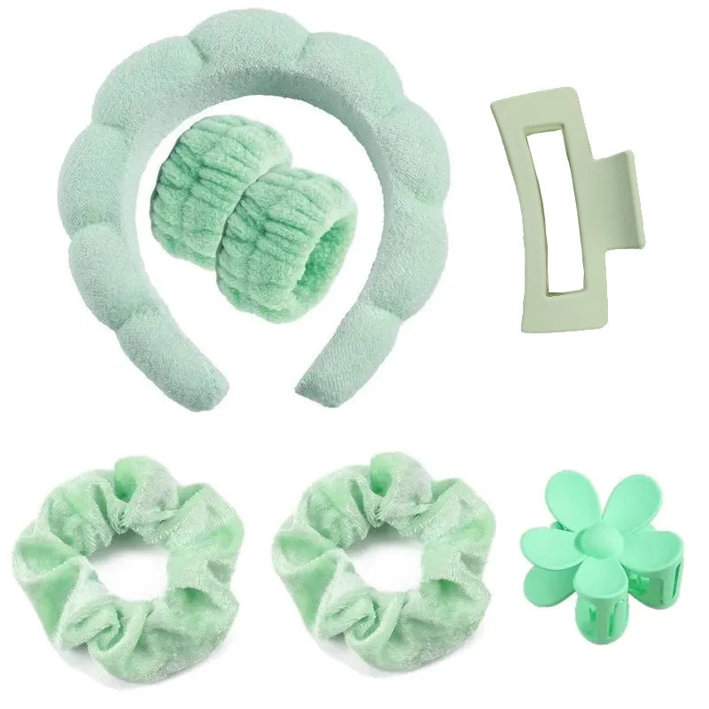 7Pcs Fashion Microfiber Washing Wristbands Scrunchies Puffy Headband Spa Bubble Headband for Washing Face Makeup Shower Skincare 