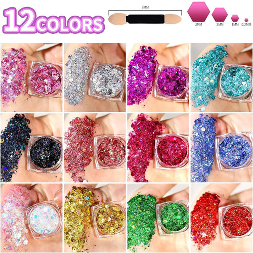 12 Colors Holographic Face & Body Glitter Gel - Sequin Makeup for Festivals & Parties dylinoshop