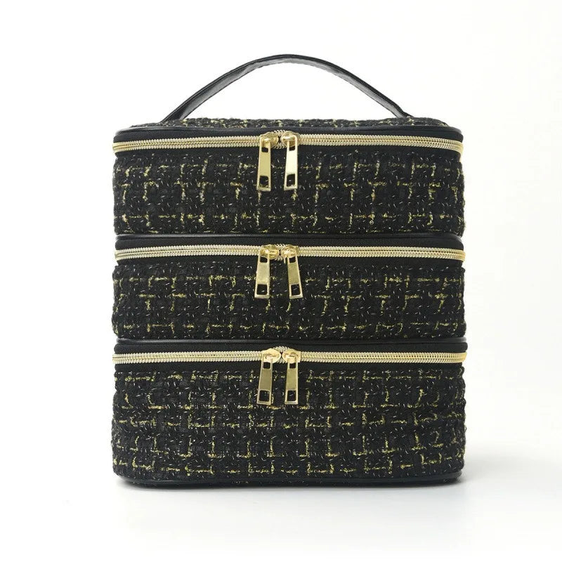 High end, simple and versatile three-layer makeup bag, large capacity diamond grid toiletry bag, portable travel makeup storage