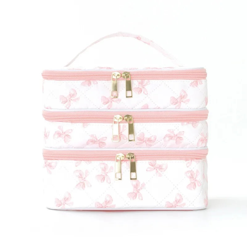 High end, simple and versatile three-layer makeup bag, large capacity diamond grid toiletry bag, portable travel makeup storage
