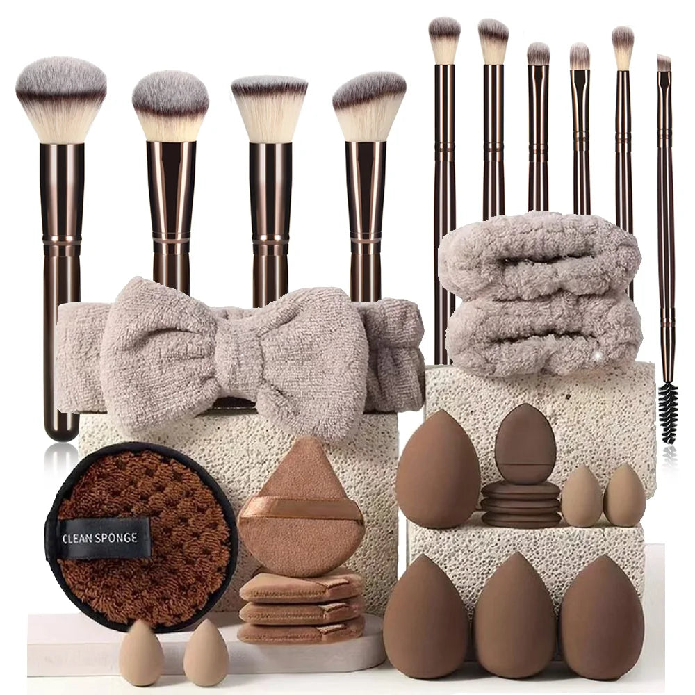 20/40Pcs Makeup Brushes and Sponges Set, Brown Makeup Puff, Beauty Egg, Headband, Wristband Remover Kit, Makeup Tool, Gift,