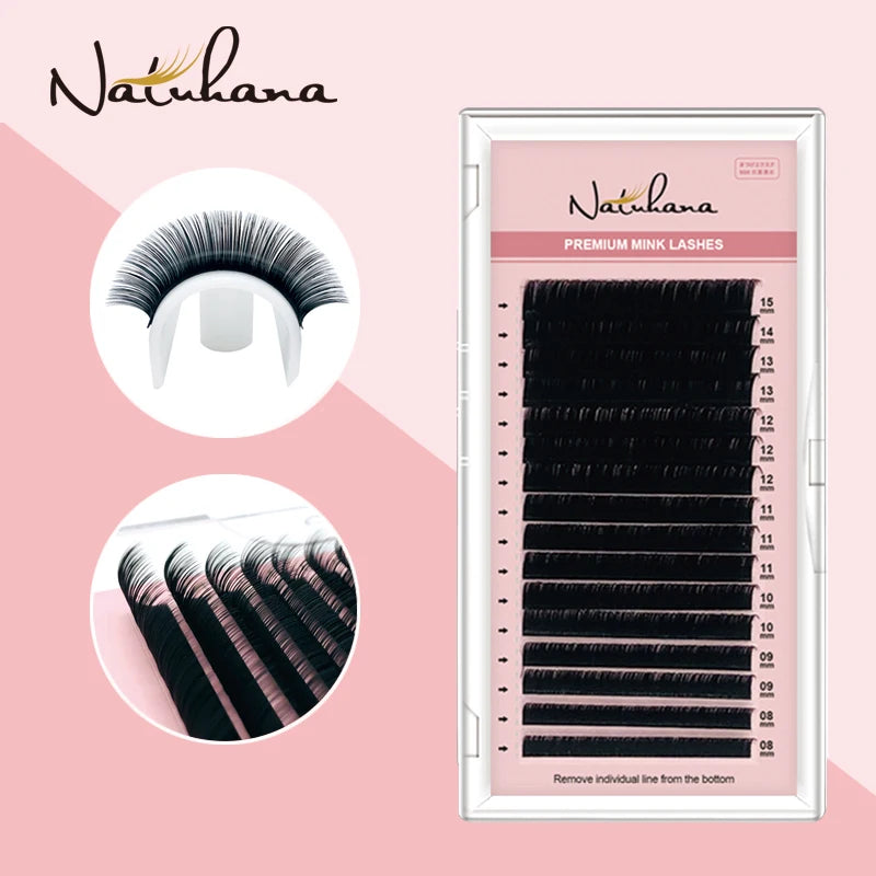 NATUHANA Mink Lashes Mix 8~15 mm 16 Lines Handmade Korean PBT Eyelash Extension Natural Soft Faux Lash Extension Supplies Makeup