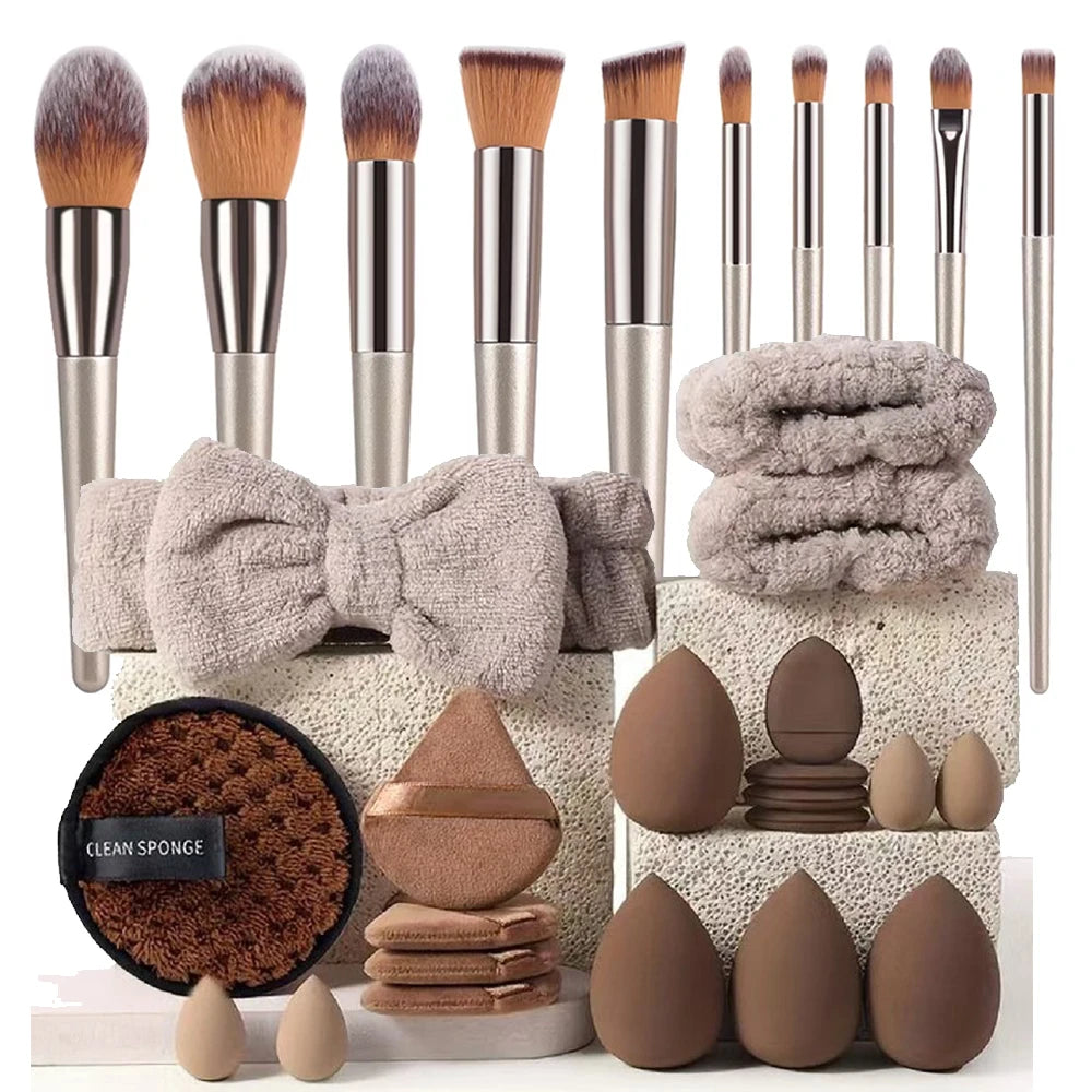 20/40Pcs Makeup Brushes and Sponges Set, Brown Makeup Puff, Beauty Egg, Headband, Wristband Remover Kit, Makeup Tool, Gift,