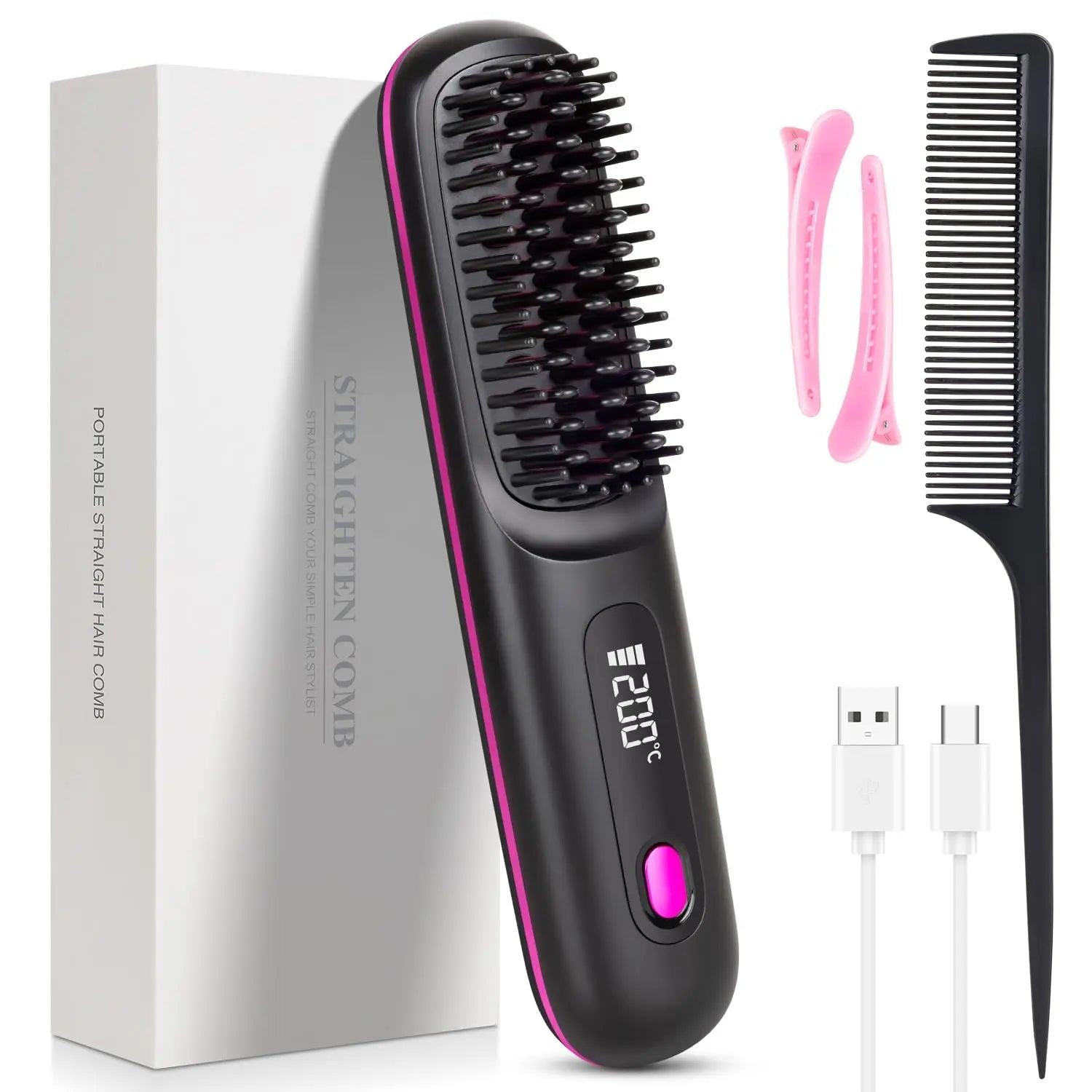 USB Rechargeable Cordless Hair Straightening Brush – Titanium Coated