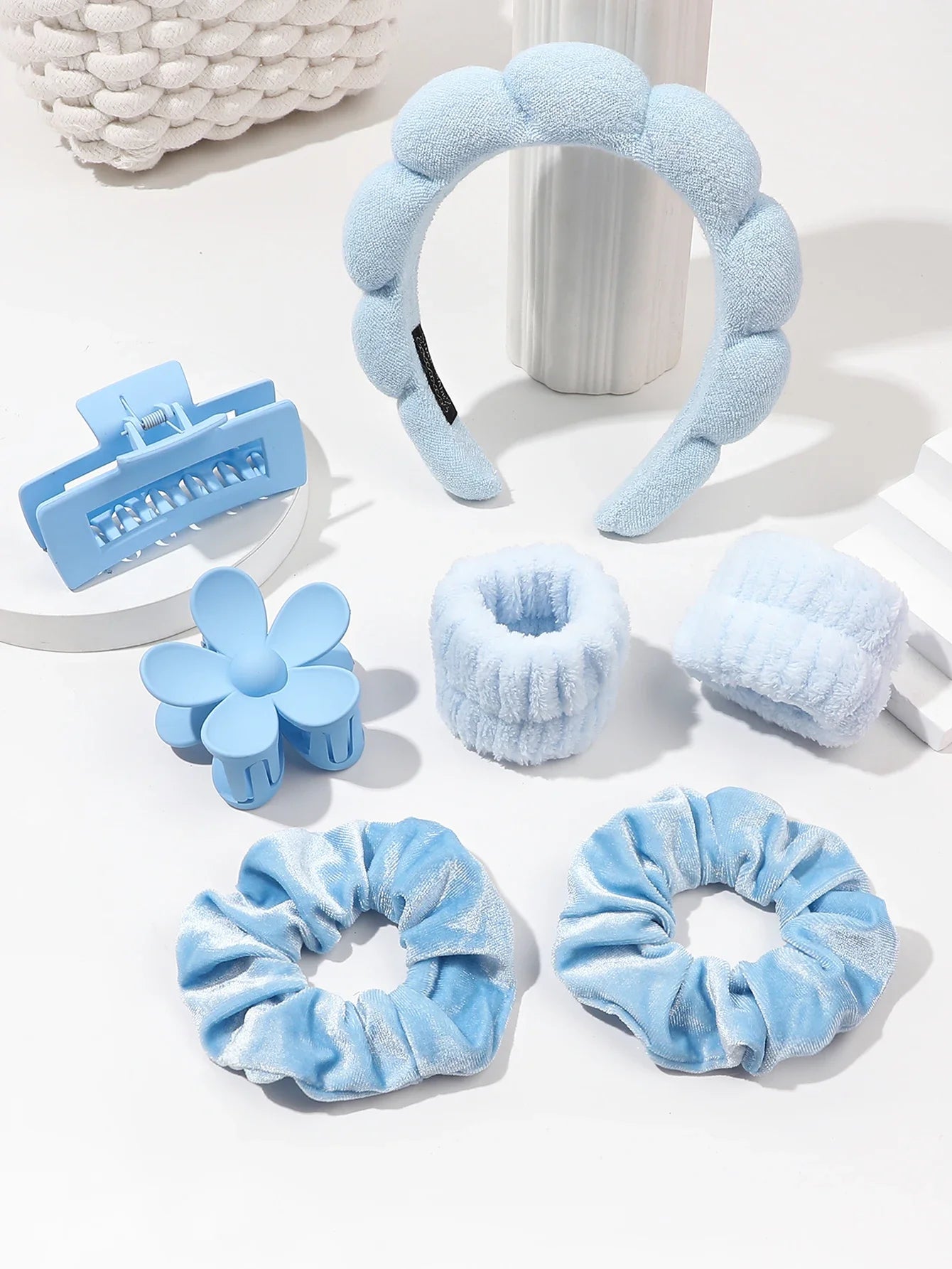 7Pcs Fashion Microfiber Washing Wristbands Scrunchies Puffy Headband Spa Bubble Headband for Washing Face Makeup Shower Skincare 