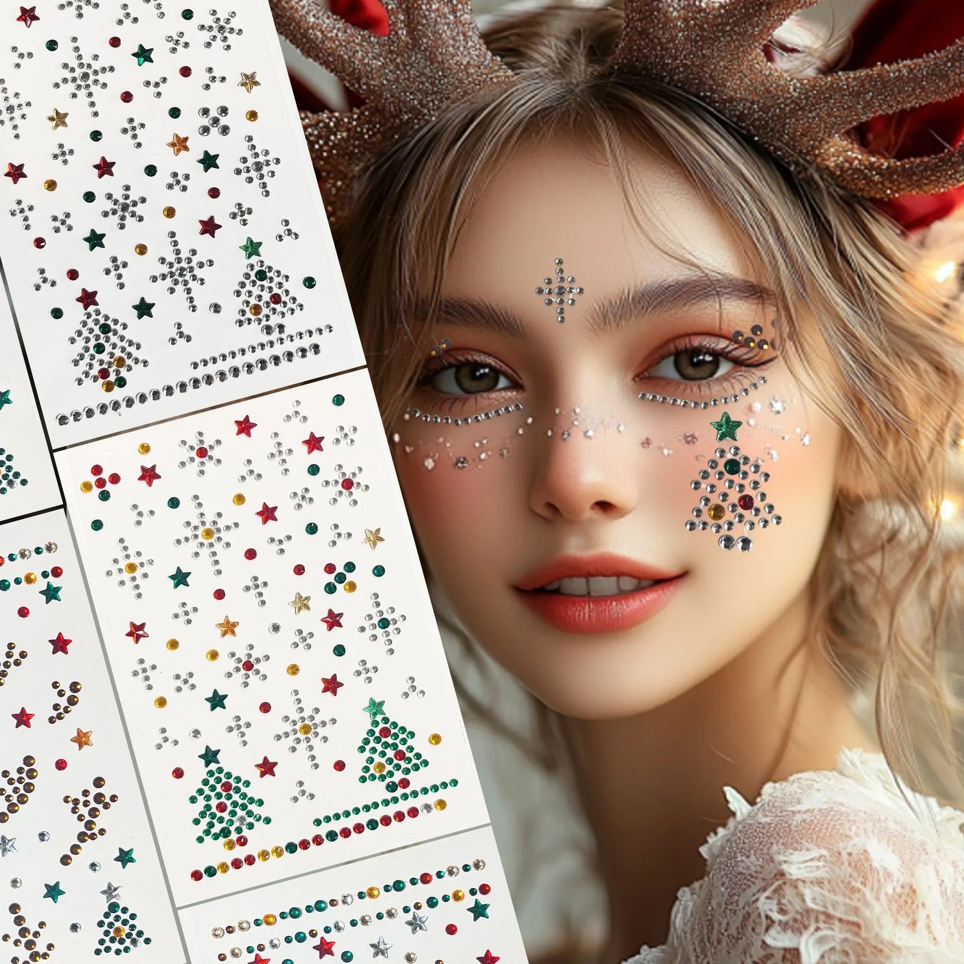 1Pcs Facial Stickers, Christmas Makeup Stickers, Snowflake Rhinestone Stickers, Diamond Decorations on the Face Performance