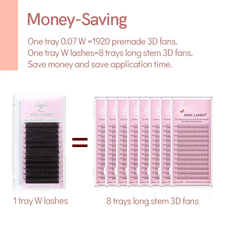 Song Lashes 3D W shaped Premade Volume Fan Eyelash Extensions 12 Rows Pure Darker Black/ Brown C/D Curl High Quality Makeup Tool