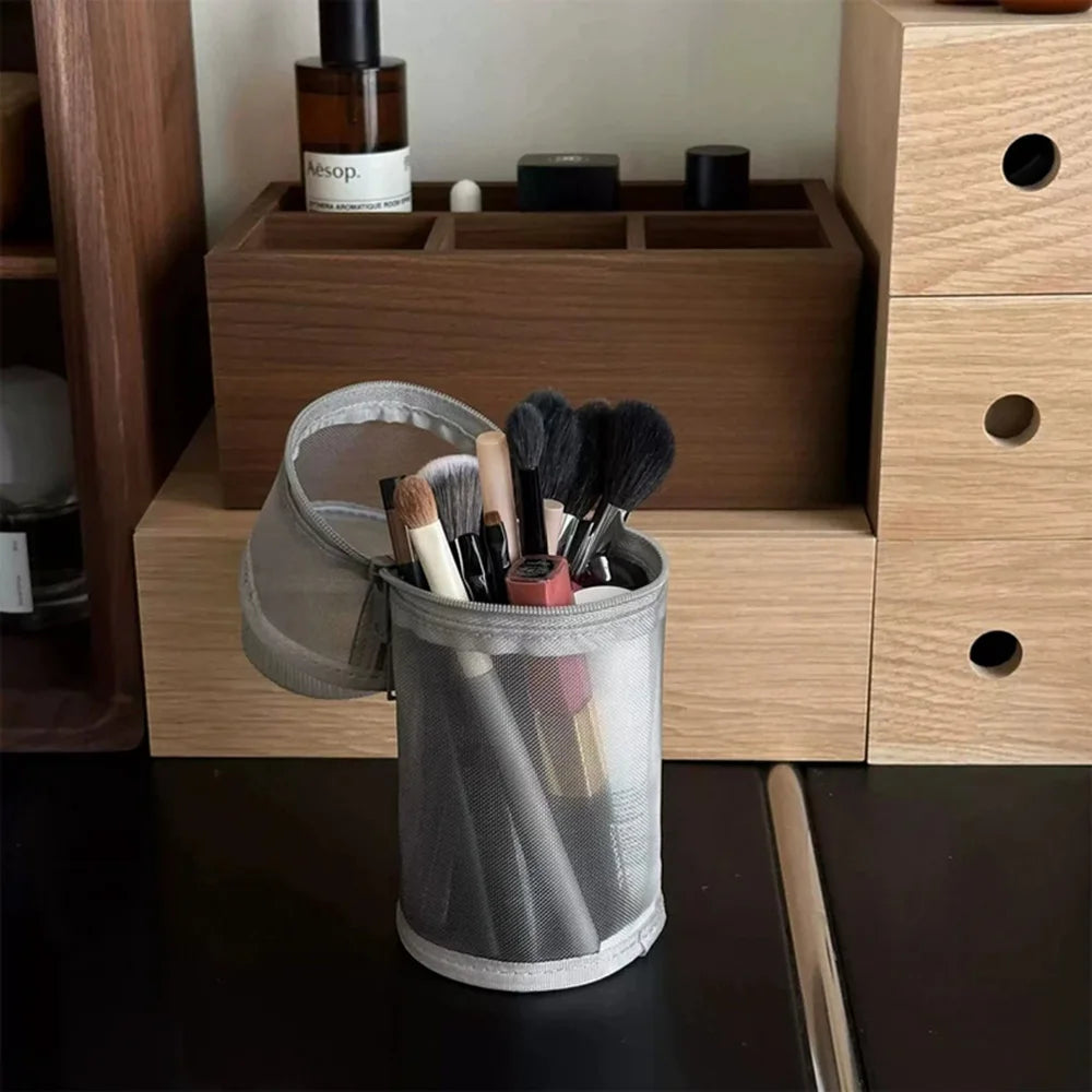 Mesh Dual-use Makeup Brush Storage Bag Portable Brush Case Simple Large Capacity Brush Bucket Holder Travel Stand-up Pouch