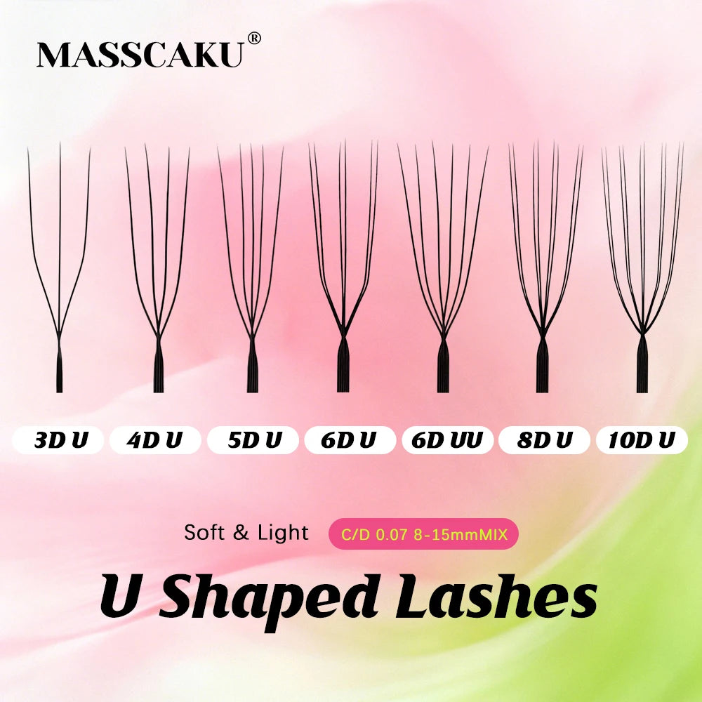 MASSCAKU 8D-10D U-Shaped Eyelashes C D Curl 8-15MM MIX Matte Black Premium Soft Silk Parallel Eyelashes For Makeup Tools