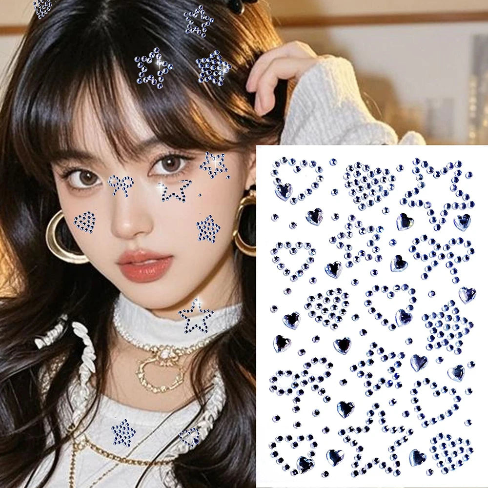 3D Red Christmas Face Gem Tattoos Stickers Hollow Star/Heart/Bow Crystal Rhinestone for Festival Makeup Temporary Tattoo Sticker