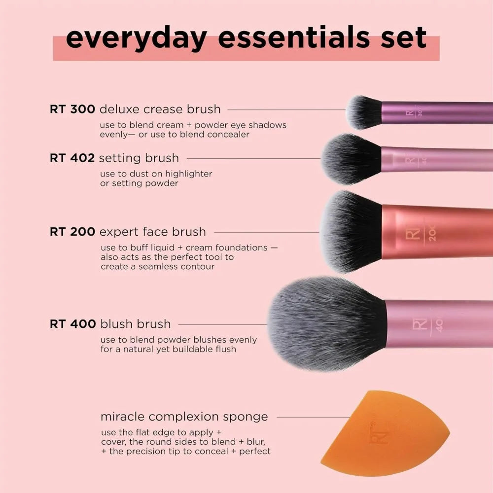 2025 Real Techniques 6 Piece Everyday Essentials Makeup Brush Set Sponges Blush Bronzer Contour Eyeshadow Powder Travel Gift Set