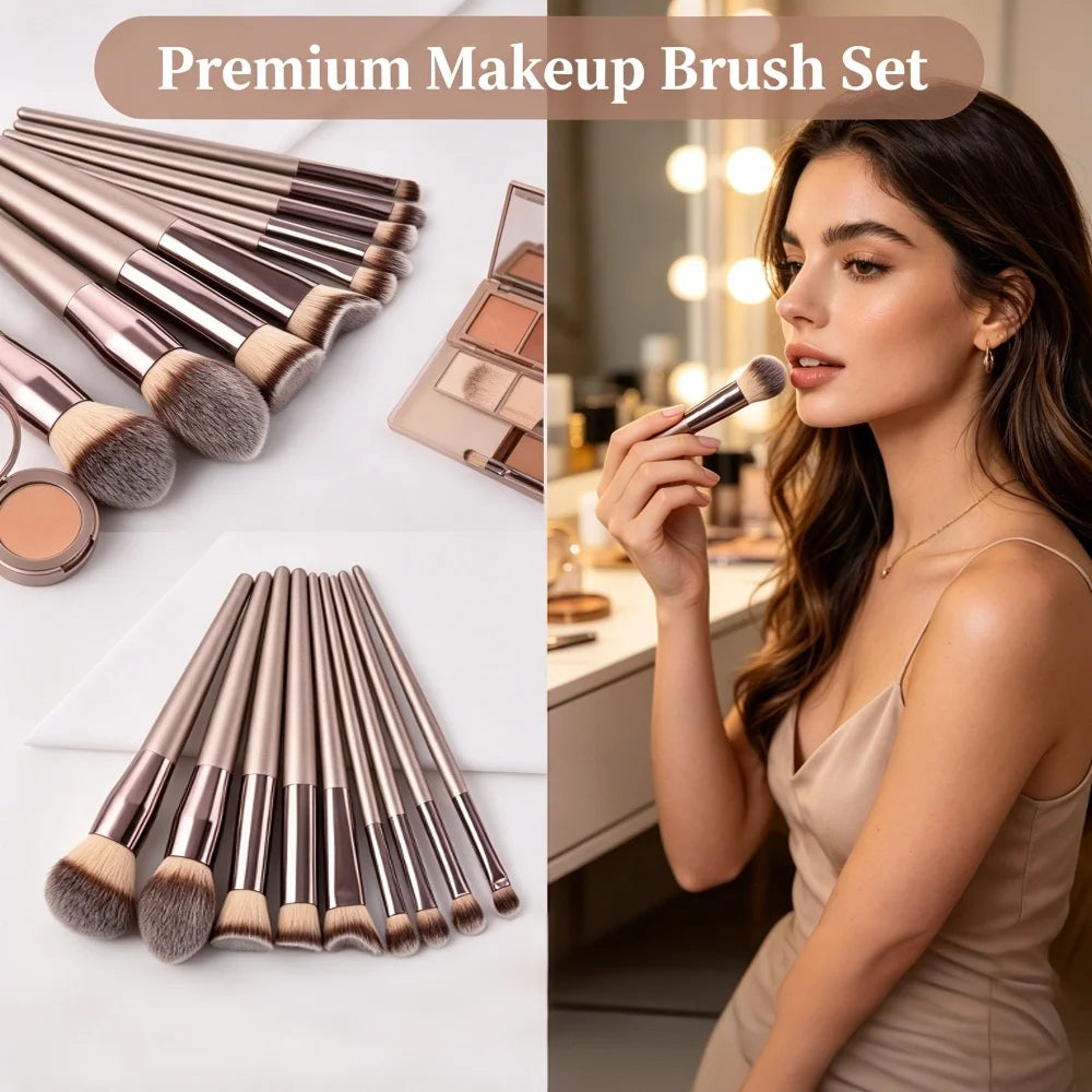 Makeup Brush Set 10PCS Champagne Gold Brushes Vegan Cruelty-Free Bristles All-in-One Full Face & Eye Makeup Kit