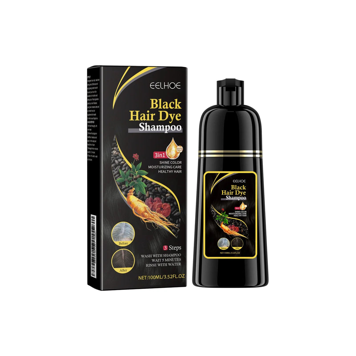 EELHOE Black Hair Dye Shampoo 3 in 1 Growth Clean Hair Darkening Deep Nourishing Black Hair Dye Shampoo Natural Organic Herbal dylinoshop