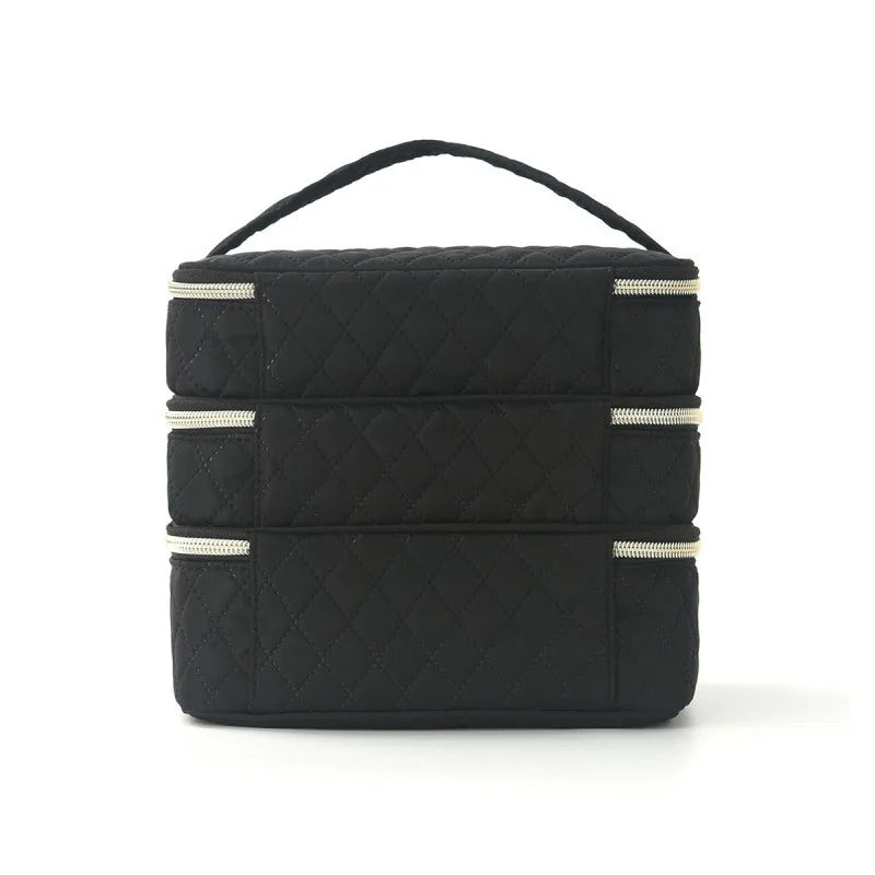 High end, simple and versatile three-layer makeup bag, large capacity diamond grid toiletry bag, portable travel makeup storage