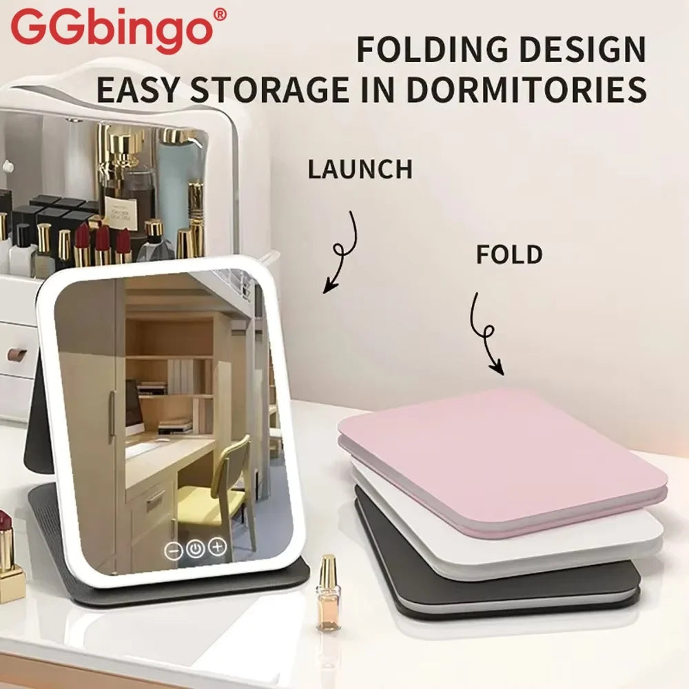 GGbingo USB Rechargeable Vanity Mirror with Touch 3 Color LED Lights Dimming Portable Folding Makeup Mirror for Home Travel