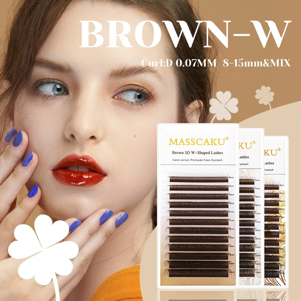 MASSCAKU New Brown 3D/4D/5D W Shaped Eyelash Extensions 8-15mm Mix Length Hand-Woven Premade Volume Fans Cilios for Makeup Tools