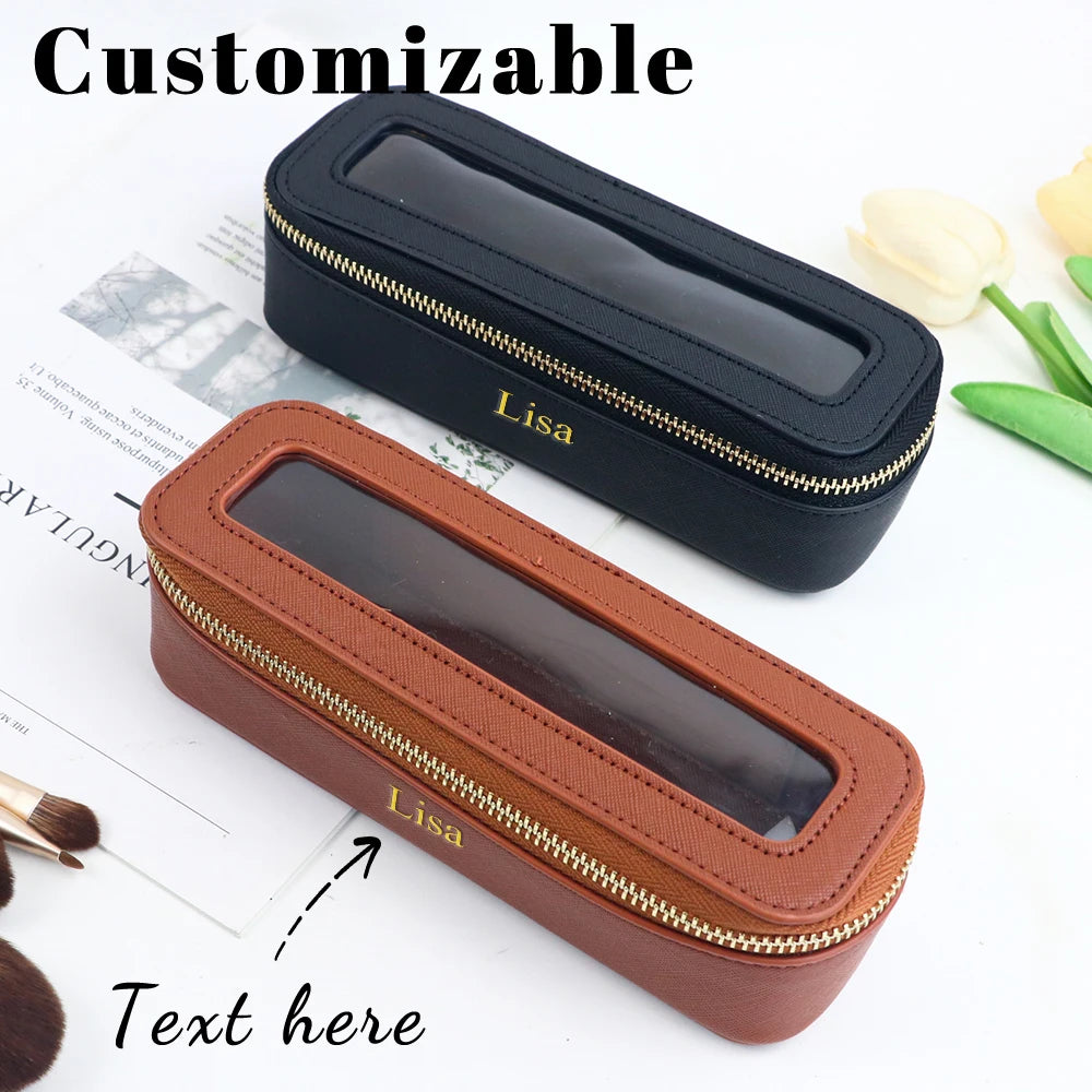 Customized Name PU Leather Transparent Makeup Brush Makeup Bag Portable Storage Bag Daily Necessities Storage Accessory