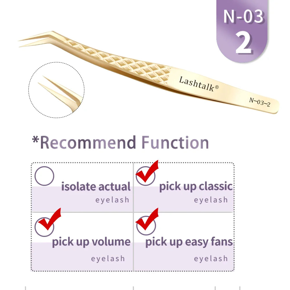 Fiber Tip Eyelash Extension Tweezers - Stainless Steel, Anti-Slip Diamond Grip, Pearl Gold dylinoshop