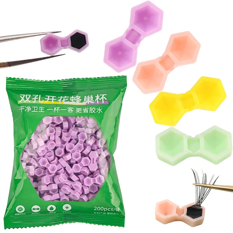 200pcs Eyelash Extension Glue Cup 2 Hole Honeycomb Tattoo Ink Pigment Holder Container Grafting Eyelashes Auxiliary Makeup Tool