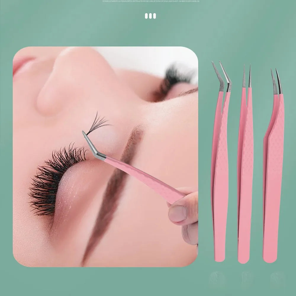1pc/2/4/6pcs Tweezers for Eyelash Extension Pink Stainless Steel High Precision Lash Tweezers for Volume Fans Makeup Tools