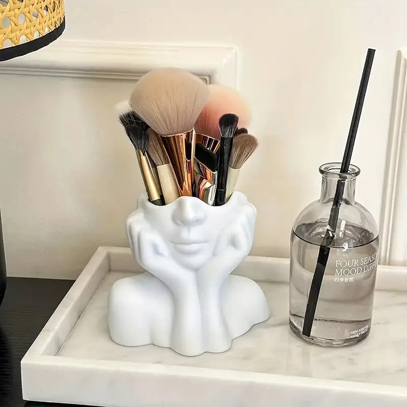 Cute Face-Shaped Makeup Brush Holder - Minimalist White & Relaxing Pose, Artistic Desktop Organizer, No Assembly