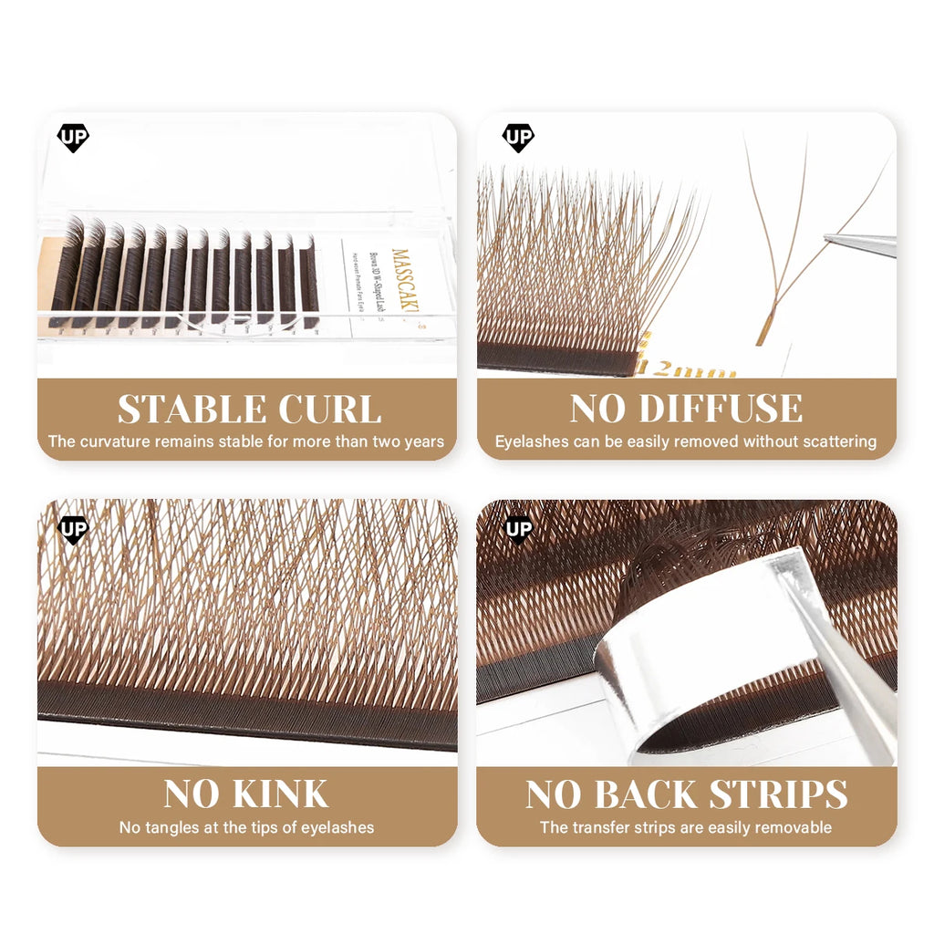 MASSCAKU New Brown 3D/4D/5D W Shaped Eyelash Extensions 8-15mm Mix Length Hand-Woven Premade Volume Fans Cilios for Makeup Tools