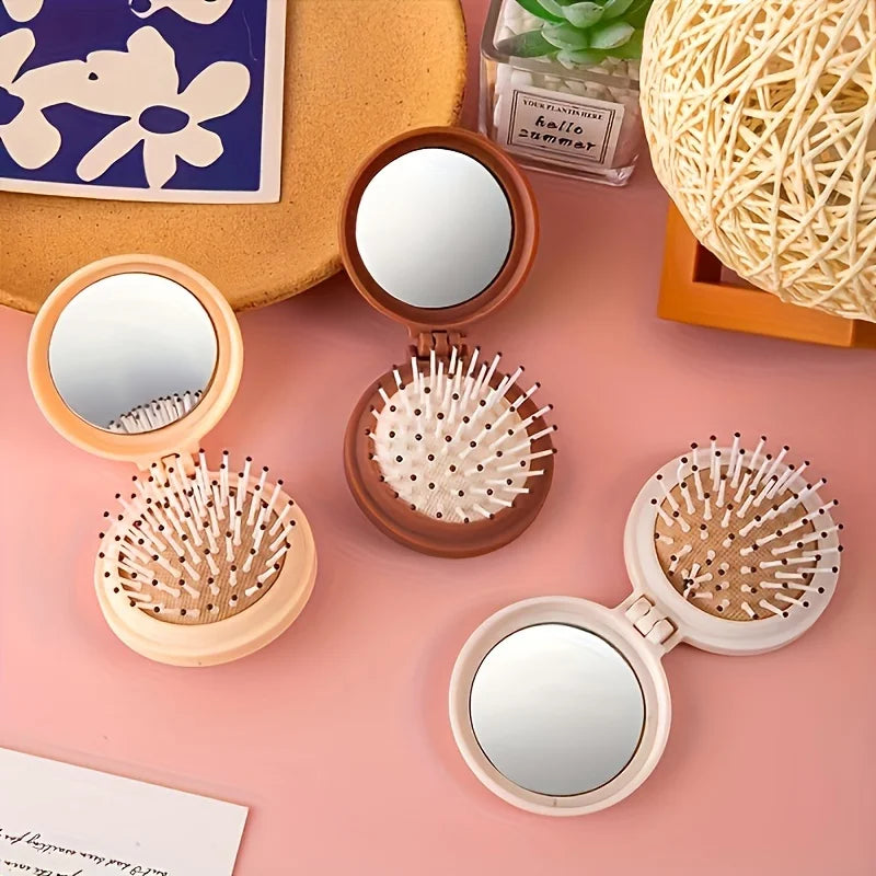 Mini Portable Folding Travel Hair Brush with Mirror for Women Lightweight Plastic Dual Fold Design for Outdoor Use Hand Washable dylinoshop