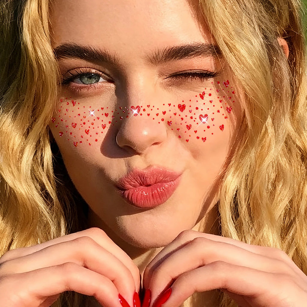 4 Sheets Glitter Heart Spots Face Stickers, Waterproof and Easy to Remove, Spots Position Makeup Stickers, Red Heart Tattoo Desi