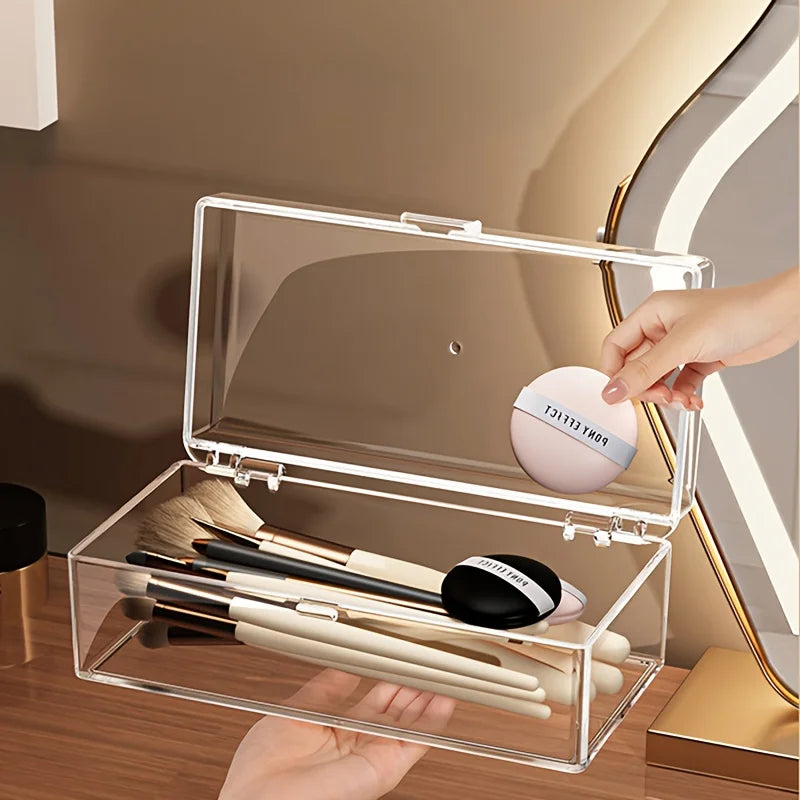 Transparent Cosmetic Organizer with Lid,Durable Makeup Storage Box Suitable for Lipstick,Eyeshadow,Brushes,Portable Vanity Case