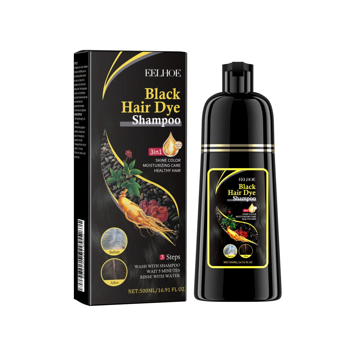 EELHOE Black Hair Dye Shampoo 3 in 1 Growth Clean Hair Darkening Deep Nourishing Black Hair Dye Shampoo Natural Organic Herbal dylinoshop