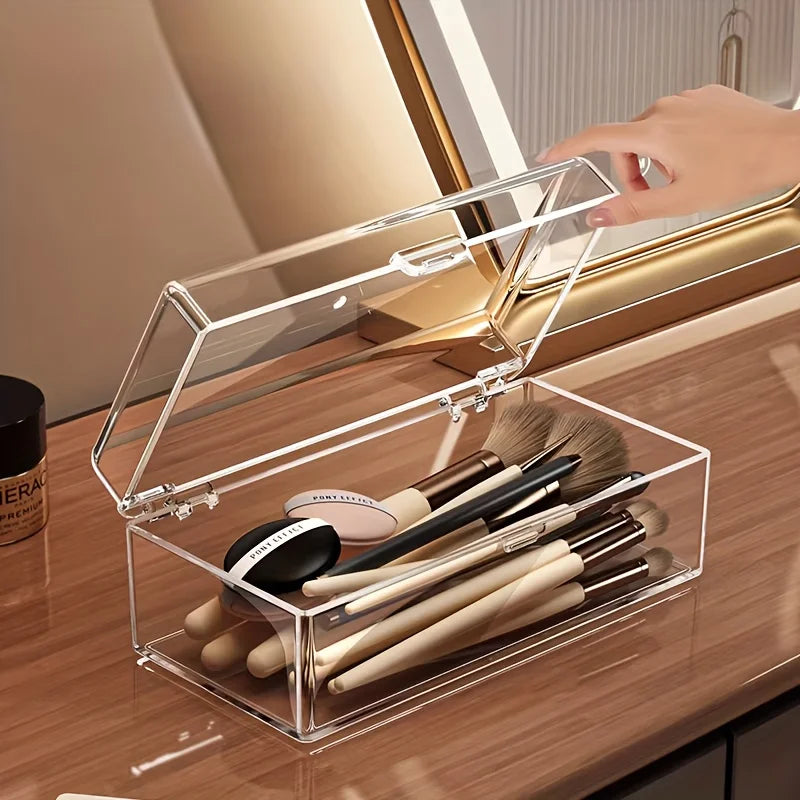 Transparent Cosmetic Organizer with Lid,Durable Makeup Storage Box Suitable for Lipstick,Eyeshadow,Brushes,Portable Vanity Case