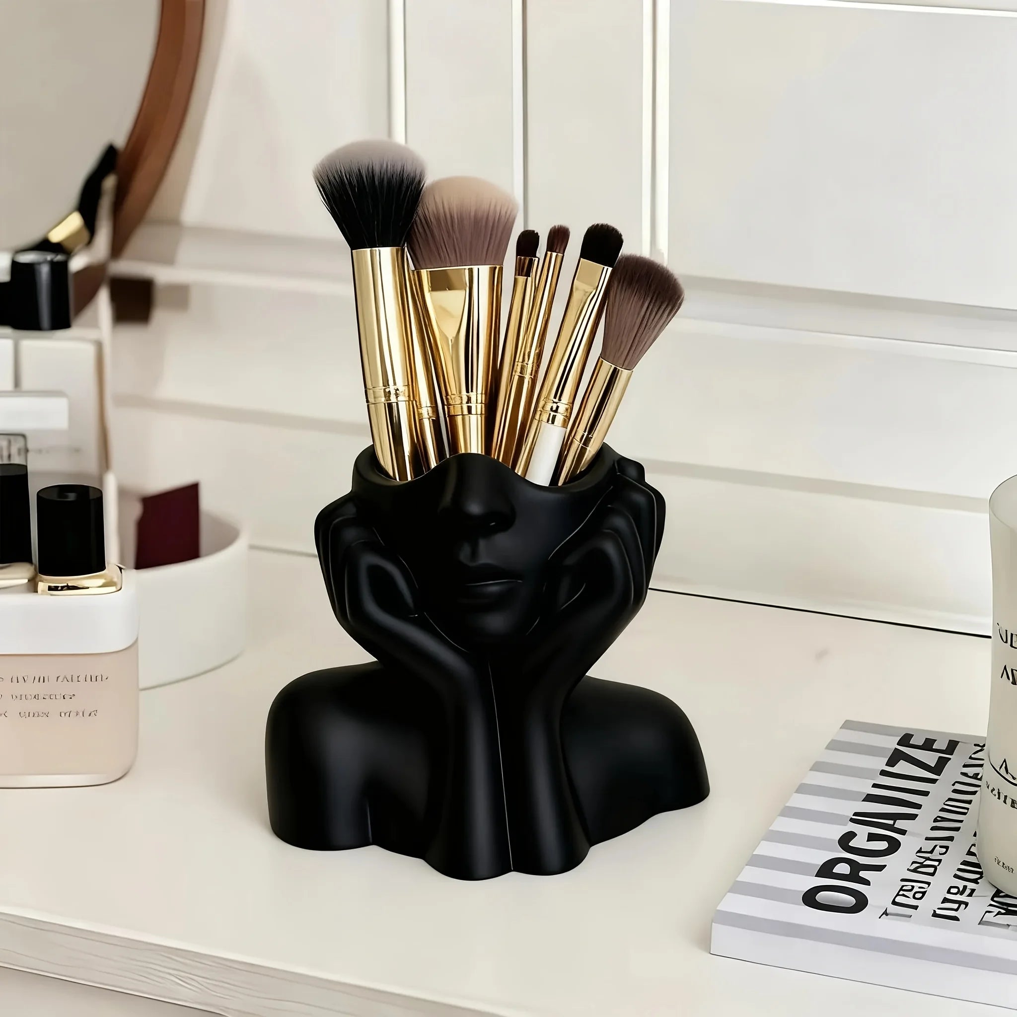 Cute Face-Shaped Makeup Brush Holder - Minimalist White & Relaxing Pose, Artistic Desktop Organizer, No Assembly
