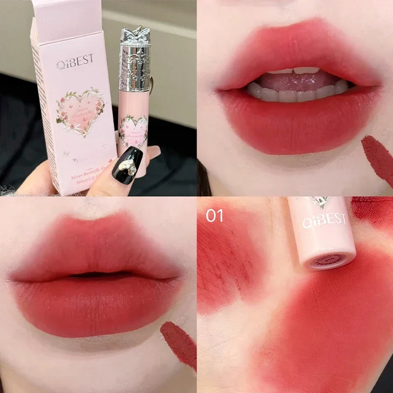 QIBEST 4 Colors Soft Mist Mousse Lip Glaze Velvet Matte Lipstick Holding Makeup Not Easy to Sticky Cosmetics Lipstick Lip Mud
