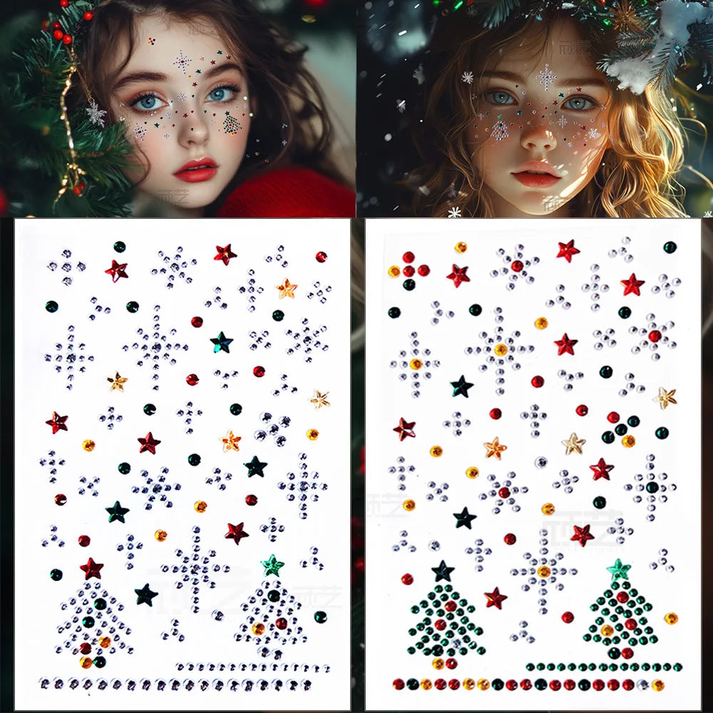 1Pcs Facial Stickers, Christmas Makeup Stickers, Snowflake Rhinestone Stickers, Diamond Decorations on the Face Performance