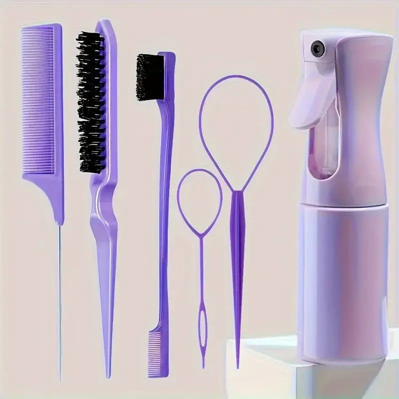 6pcs/Set Hair Brush Set Hairdressing Spray Bottle Hair Braiding Loop Rat Tail Comb Teasing Hair Brsuh Edge Control Hair Brush dylinoshop