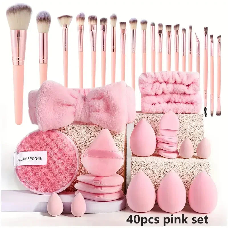 20/40Pcs Makeup Brushes and Sponges Set, Brown Makeup Puff, Beauty Egg, Headband, Wristband Remover Kit, Makeup Tool, Gift,