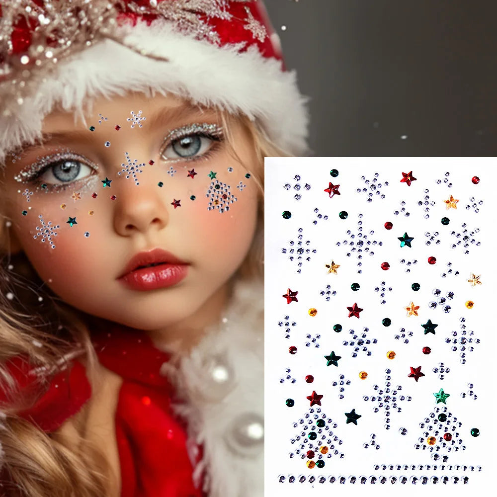 1Pcs Facial Stickers, Christmas Makeup Stickers, Snowflake Rhinestone Stickers, Diamond Decorations on the Face Performance