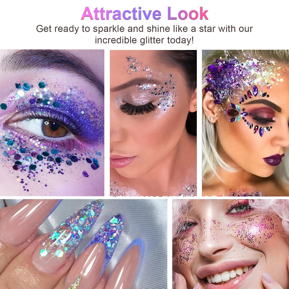 6 Color Face Glitter No Glue Needed Body Glitter Gel Set Cosmetic Hair Glitter Festival Makeup for Christmas Parties Halloween
