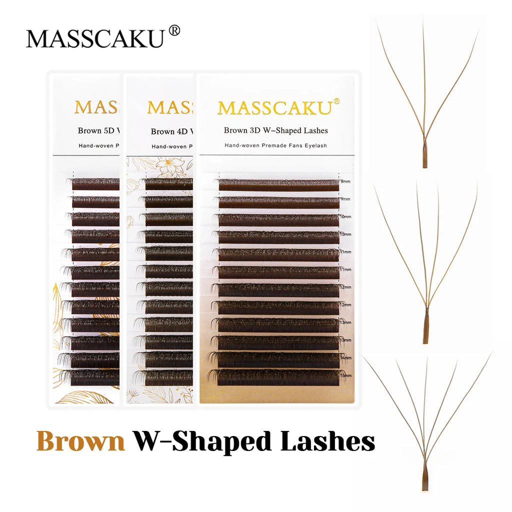 MASSCAKU New Brown 3D/4D/5D W Shaped Eyelash Extensions 8-15mm Mix Length Hand-Woven Premade Volume Fans Cilios for Makeup Tools