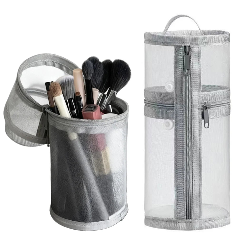 Mesh Dual-use Makeup Brush Storage Bag Portable Brush Case Simple Large Capacity Brush Bucket Holder Travel Stand-up Pouch