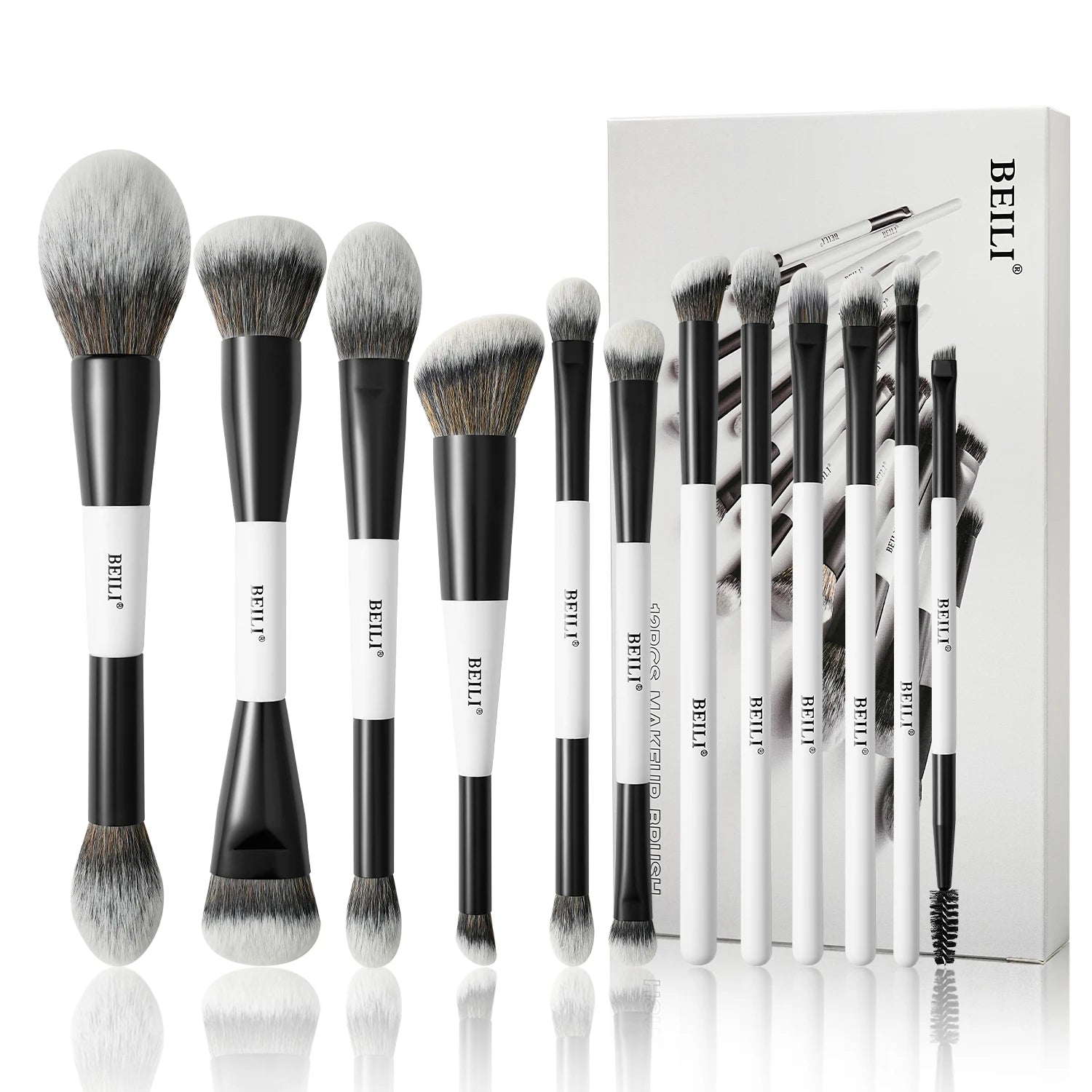 BEILI Dual-ended Makeup Brush Set Professional 12 Pcs Vegan Contour Foundation Powder Eyebrow Bronzer Brushes Cosmetics Kit