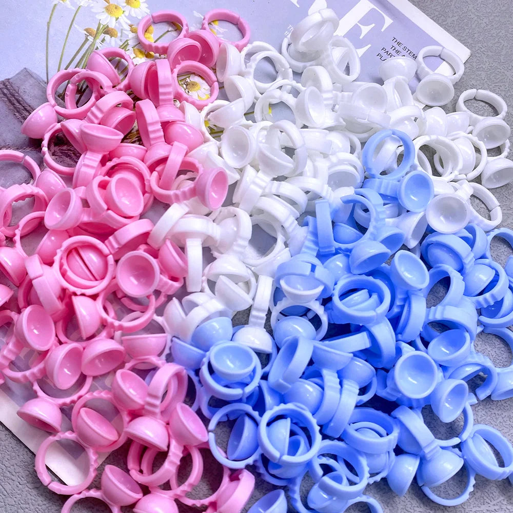 100Pcs Glue Rings Beauty Eyelash Extension Glue Cups Pink Delay Cup Grafting Eyelash Makeup Tool Tattoo Adhesive Pigment Cups