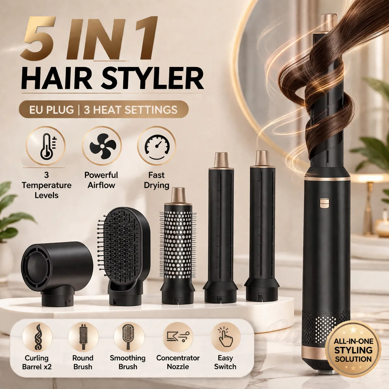 Multi-Function Hot Air Styling Comb & Brush - Straightens & Curls