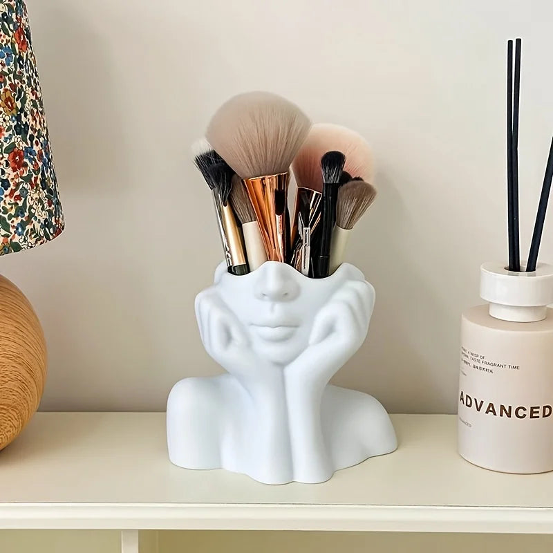 Cute Face-Shaped Makeup Brush Holder - Minimalist White & Relaxing Pose, Artistic Desktop Organizer, No Assembly