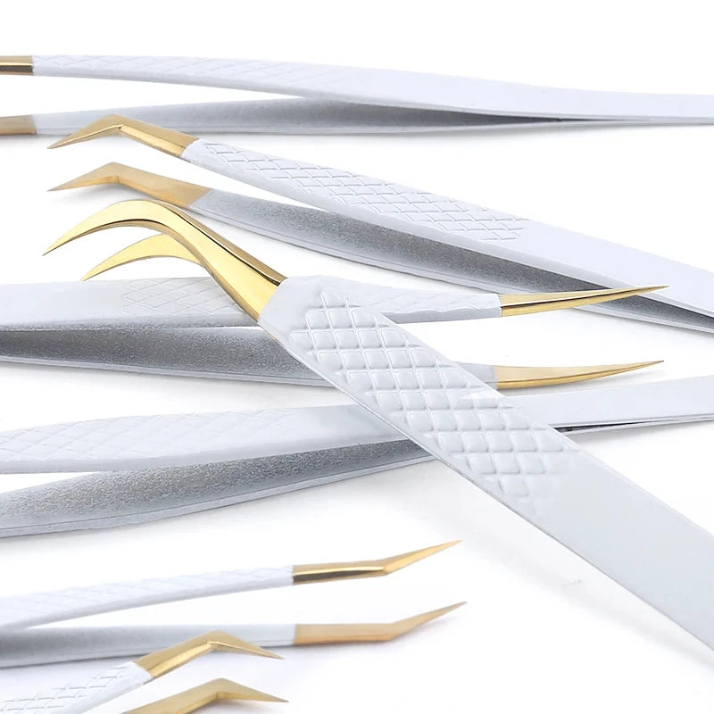 1PC White-Gold Anti-Static Stainless Steel Precision Tweezers for Eyelash Extension Eyebrow Beauty Makeup Tool Set