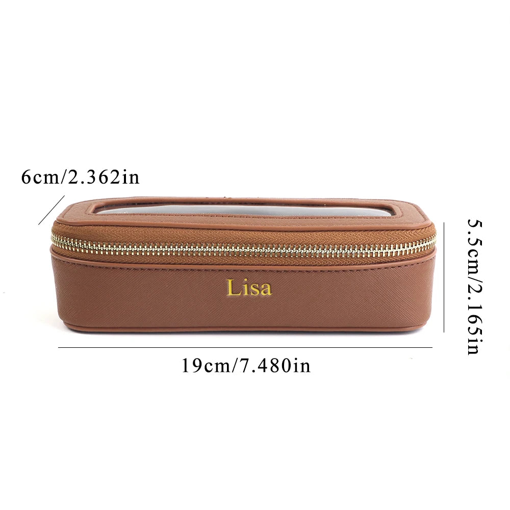 Customized Name PU Leather Transparent Makeup Brush Makeup Bag Portable Storage Bag Daily Necessities Storage Accessory