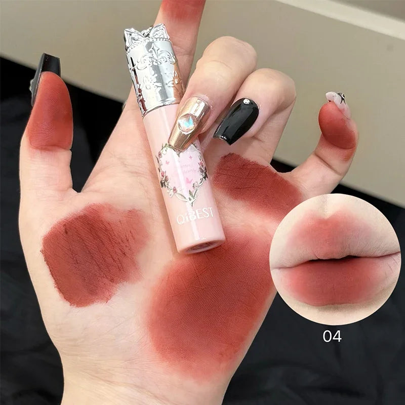 QIBEST 4 Colors Soft Mist Mousse Lip Glaze Velvet Matte Lipstick Holding Makeup Not Easy to Sticky Cosmetics Lipstick Lip Mud