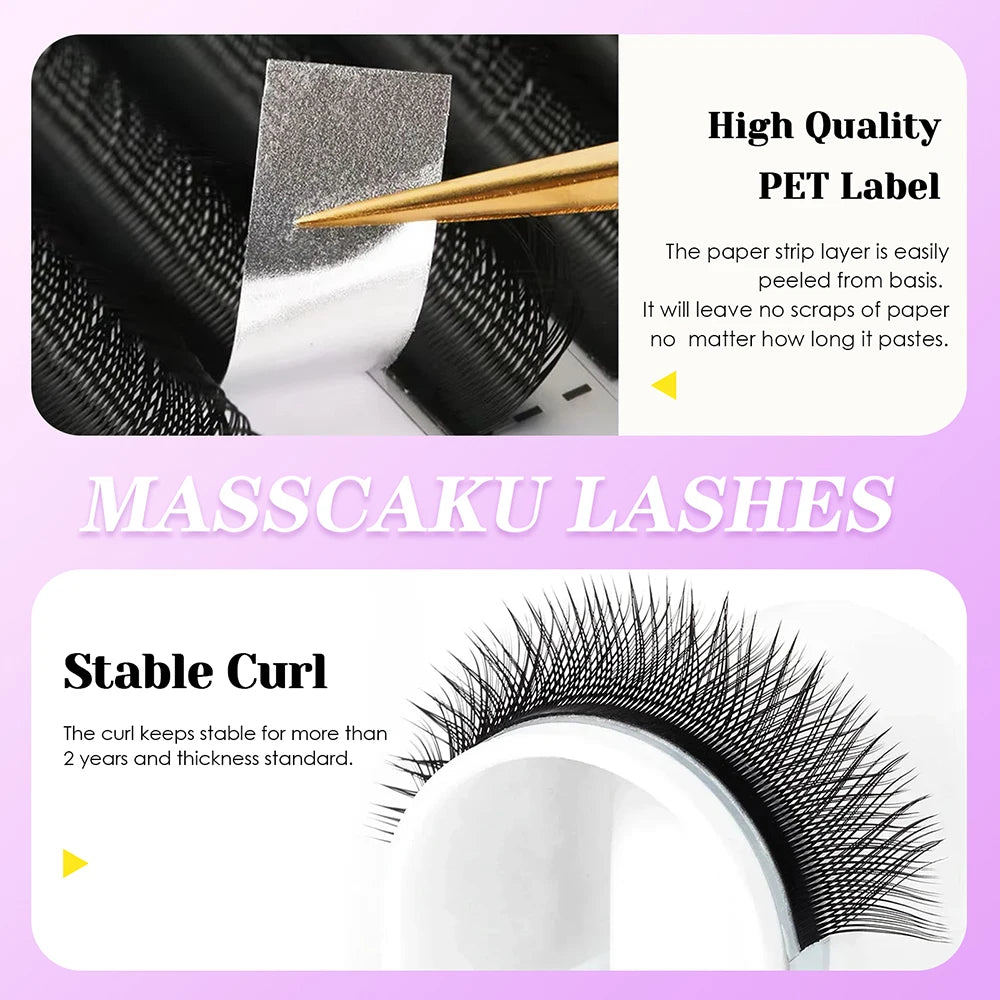 MASSCAKU U Shape YY Eyelashes 0.07mm Thickness Premade Fans Volume Lashes Extension Wispy Mink Self Fanning Eyelash for Makeup
