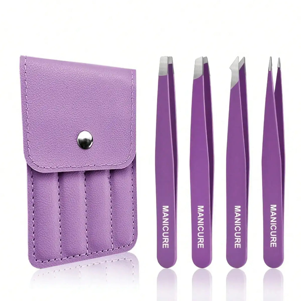 4pieces Stainless Steel Eyebrow Tweezers, Makeup Tools for Eyelash Extension, Eyebrow Shaping, Beard Hair Removal, Purple Set